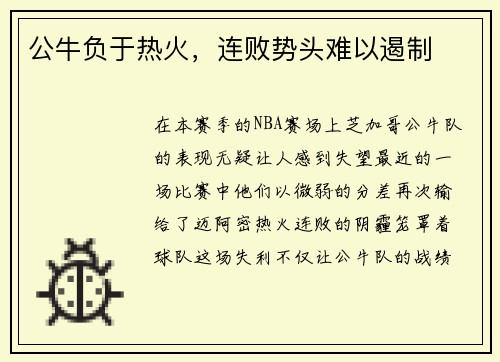 公牛负于热火，连败势头难以遏制