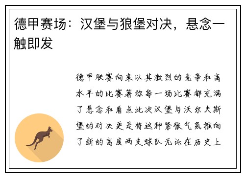 德甲赛场：汉堡与狼堡对决，悬念一触即发