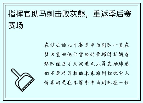 指挥官助马刺击败灰熊，重返季后赛赛场